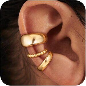 ✨ 3-Piece Gold Ear Cuff Set | Non-Piercing, 14K Plated, Adjustable